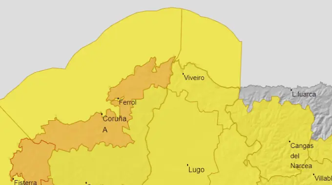 Mapa de Galicia bajo la alerta amarilla