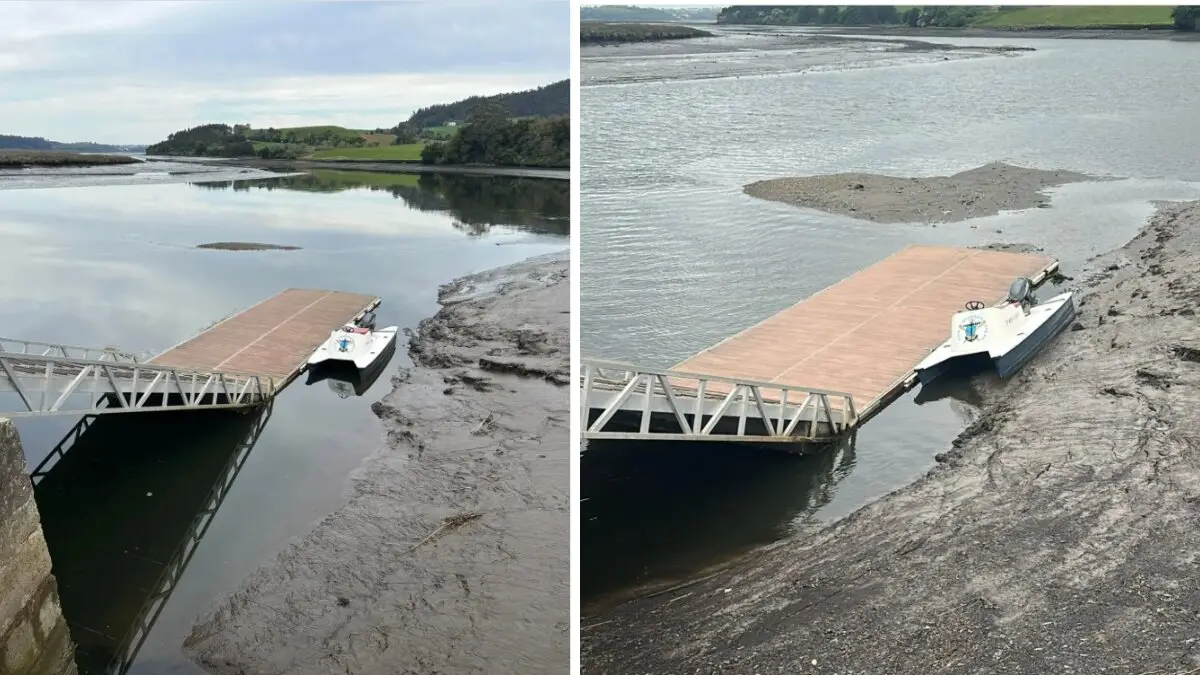 Imagen comparativa de la r&iacute;a del Eo en Vegadeo, donde se aprecia el descenso del nivel de agua y la acumulaci&oacute;n de sedimentos en pocos meses.
