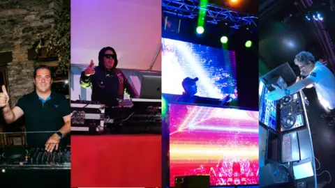 Las discotecas m&oacute;viles de izquierda a derecha: Sound Project, Dj Tralla, Dj Conxuro y Dj Ovo en algunas de sus sesiones en las fiestas