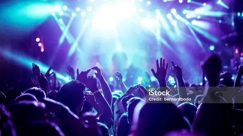 Crowd raising their hands and enjoying great festival party.