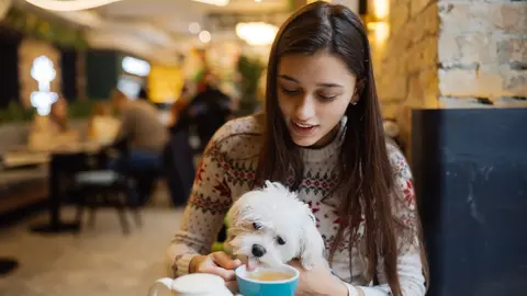 Beautiful woman is holding her cute dog, drinking coffee and smiling in cafe