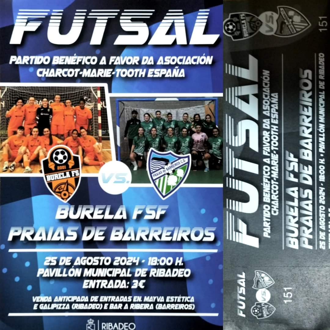 Cartel del partido benéfico de fútbol sala femenino entre el Burela y el Praias de Barreiros