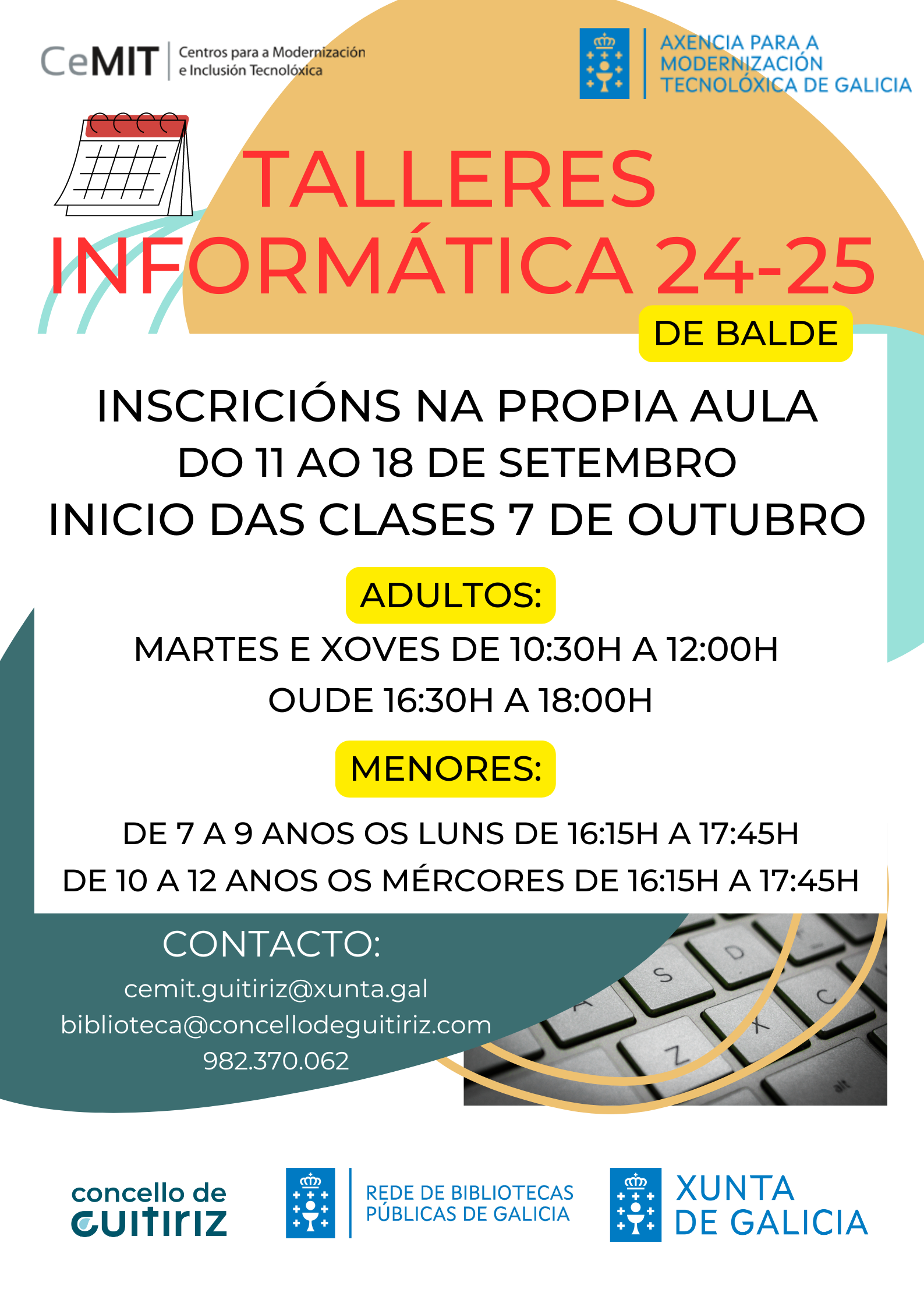 CARTEL GUITIRIZ - A Aula CeMIT de Guitiriz abre o prazo de inscricións nos talleres de informática 2024-25 o mércores 11 de setembro