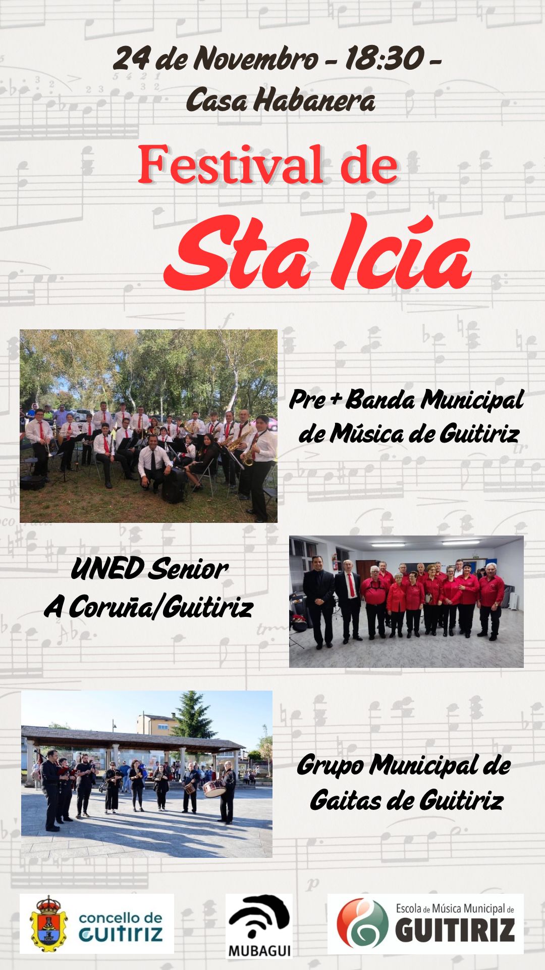 CARTEL GUITIRIZ - A Escola Habanera de Guitiriz acollerá o Festival musical de Santa Icía o domingo 24 de novembro