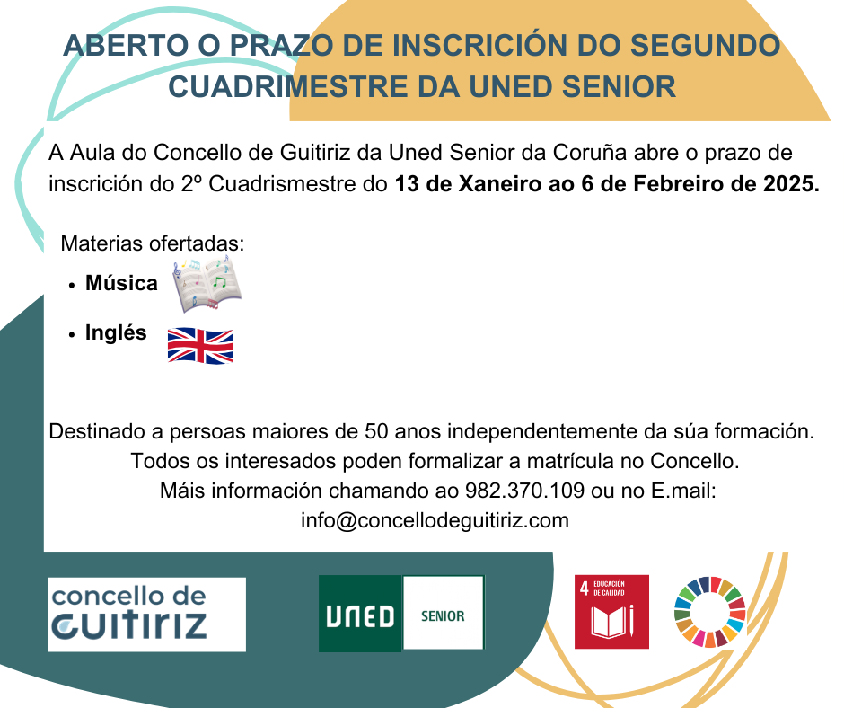 CARTEL GUITIRIZ - O próximo luns, 13 de xaneiro, abre o prazo de inscrición do segundo cuadrimestre da UNED Sénior de Guitiriz